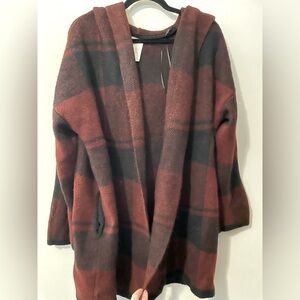 Red and Black Plaid Long Hooded Cardigan with Pockets and Hood